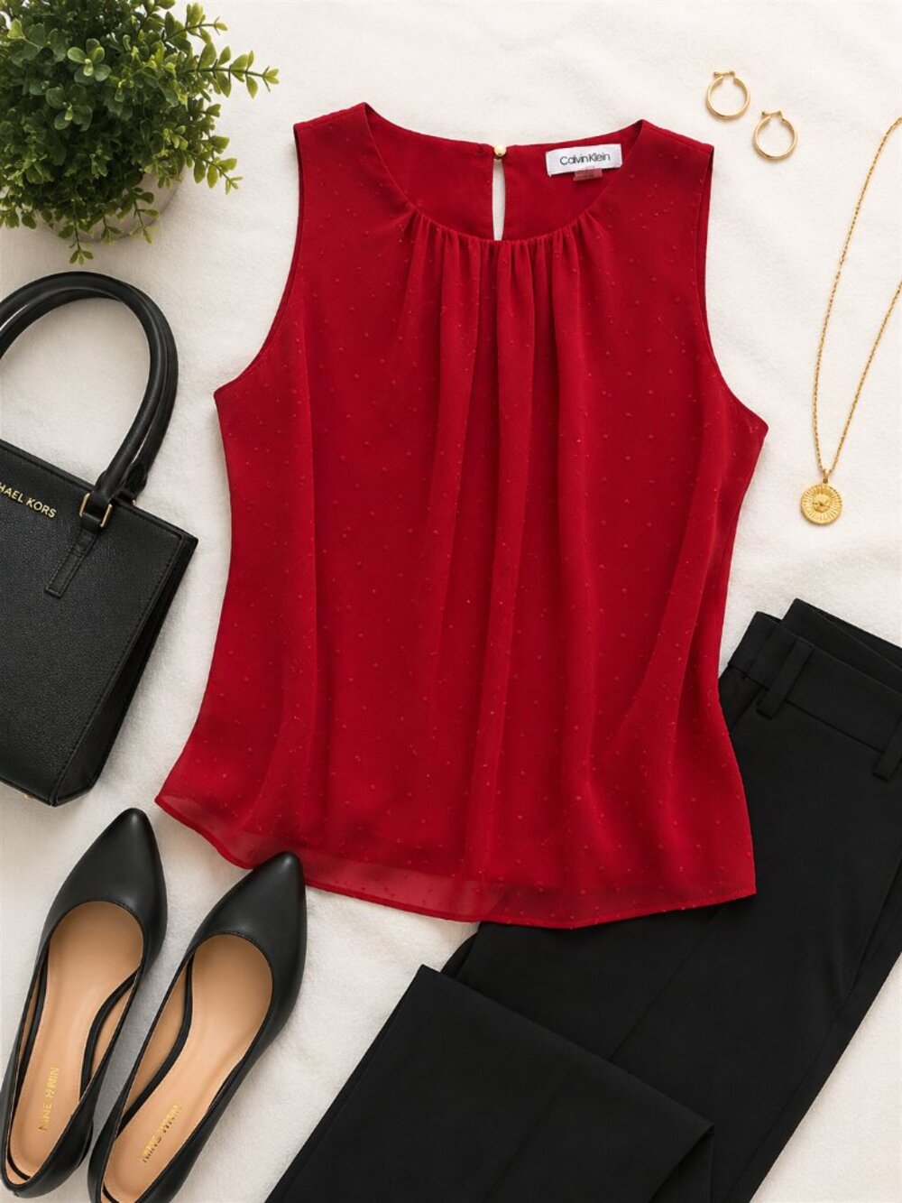 Calvin Klein Red Sleeveless Blouse Red Dot Chiffon Top Women's Elegant